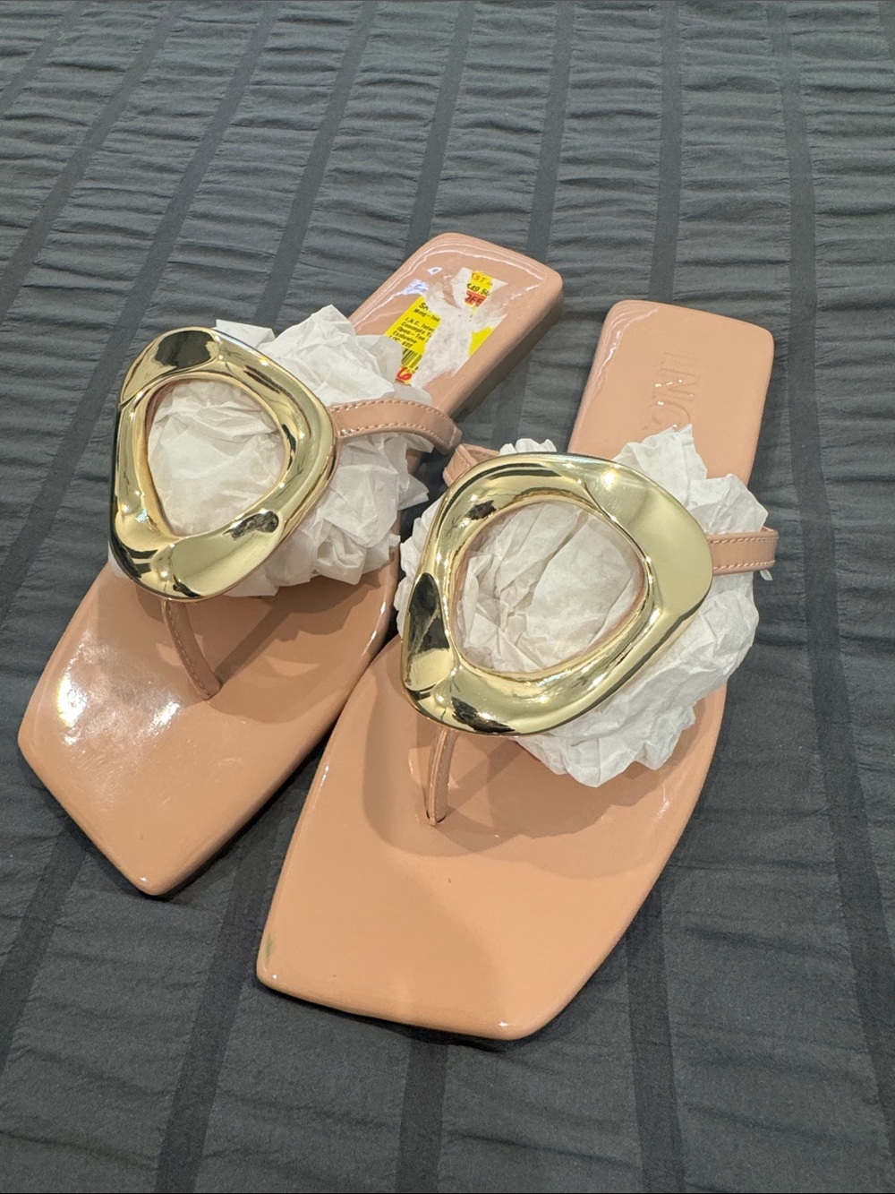 INC International Concepts Tan Patent Thong Sandals with Gold Accent Hardware